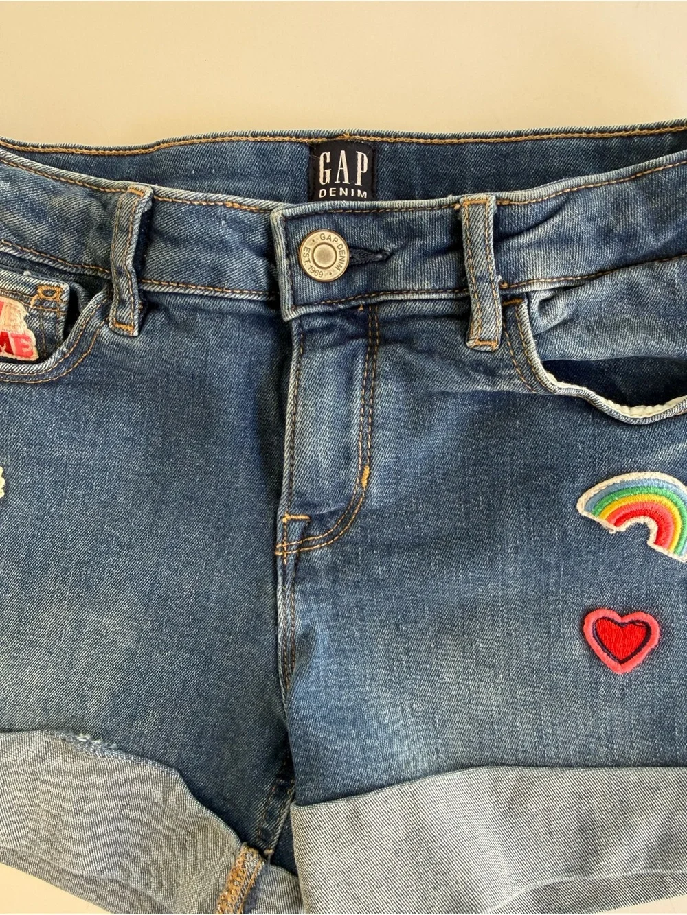 GAP‎ Kids Stretch Midi Denim Shorts Emoji Rainbow Heart Smiley Face Size 10